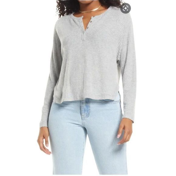 NWOT BP Oversize Snap Front Henley Top in Grey Heather‎ (XS) - Picture 1 of 11